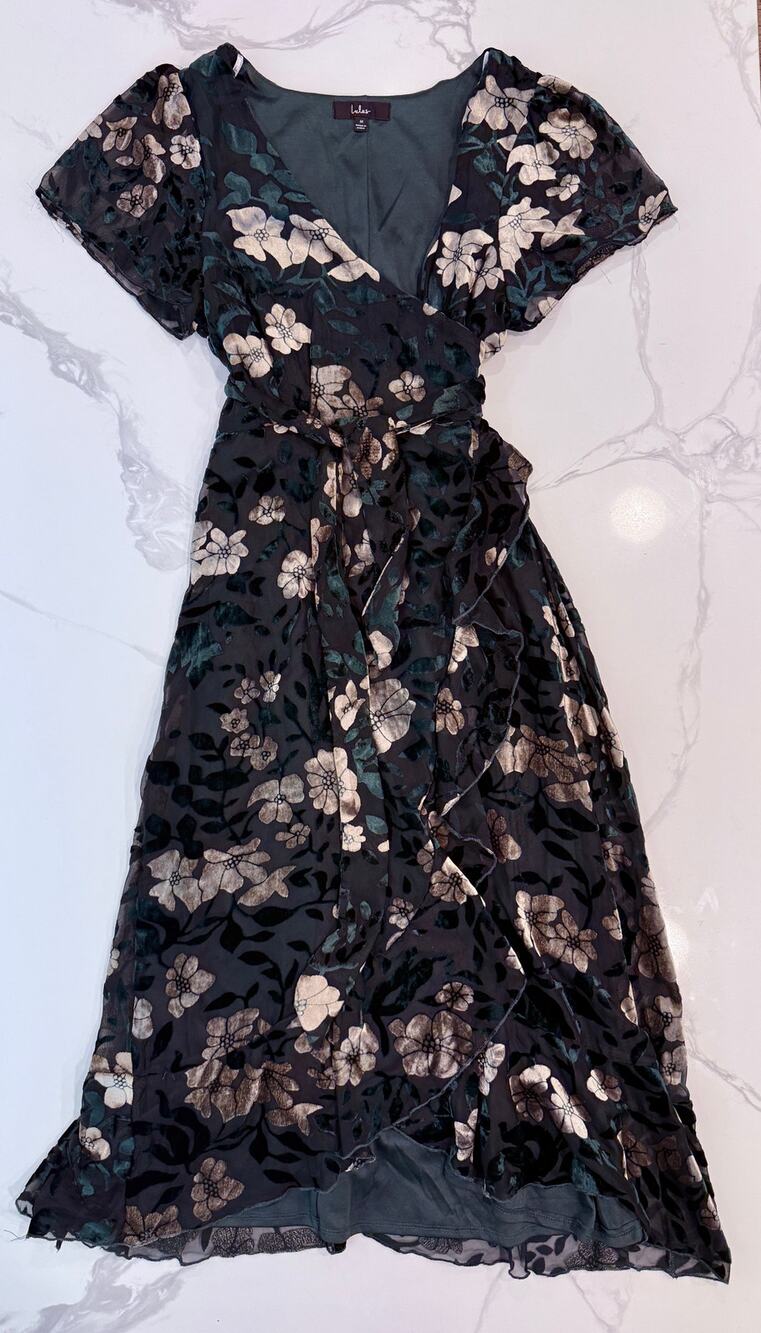 Lulus Chic Status Velvet Burnout Floral Wrap Midi Dress Emerald Green Medium